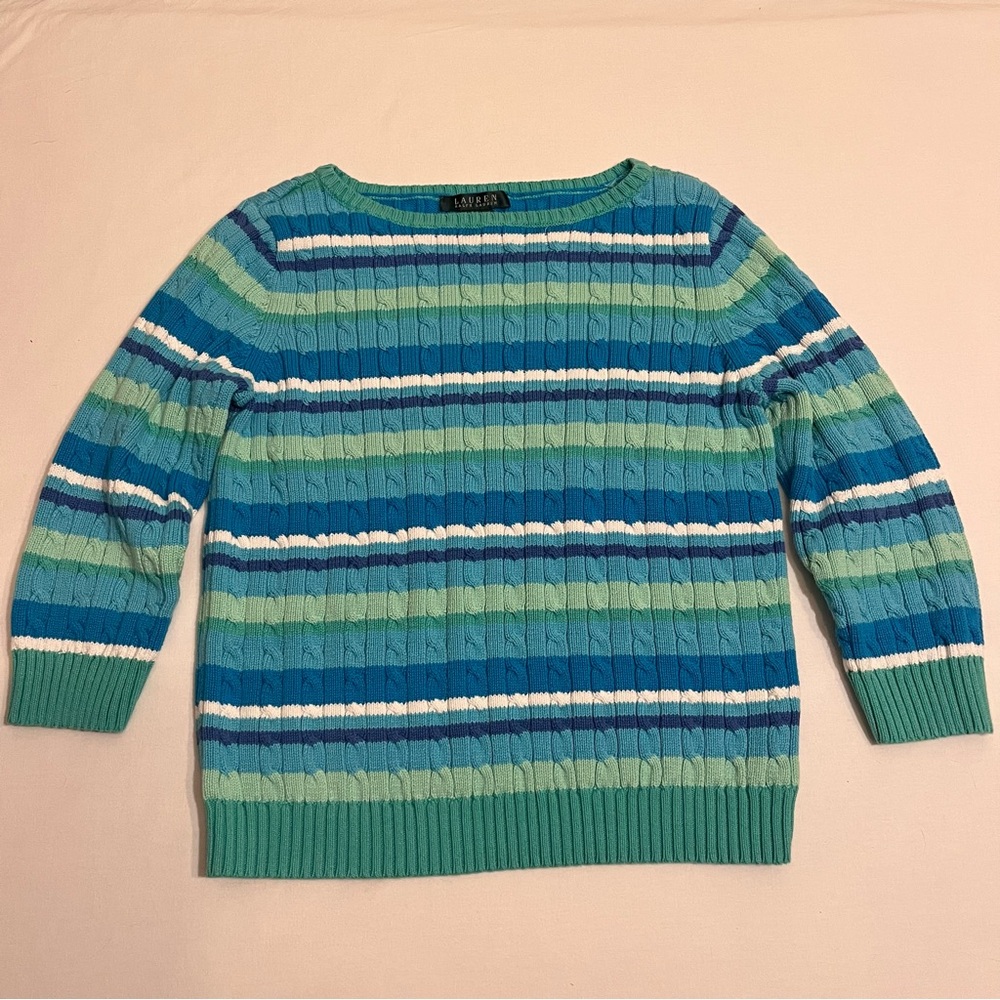 Lauren RALPH LAUREN Cable-Knit Multicolor Stripes Cotton Pullover Sweater size M